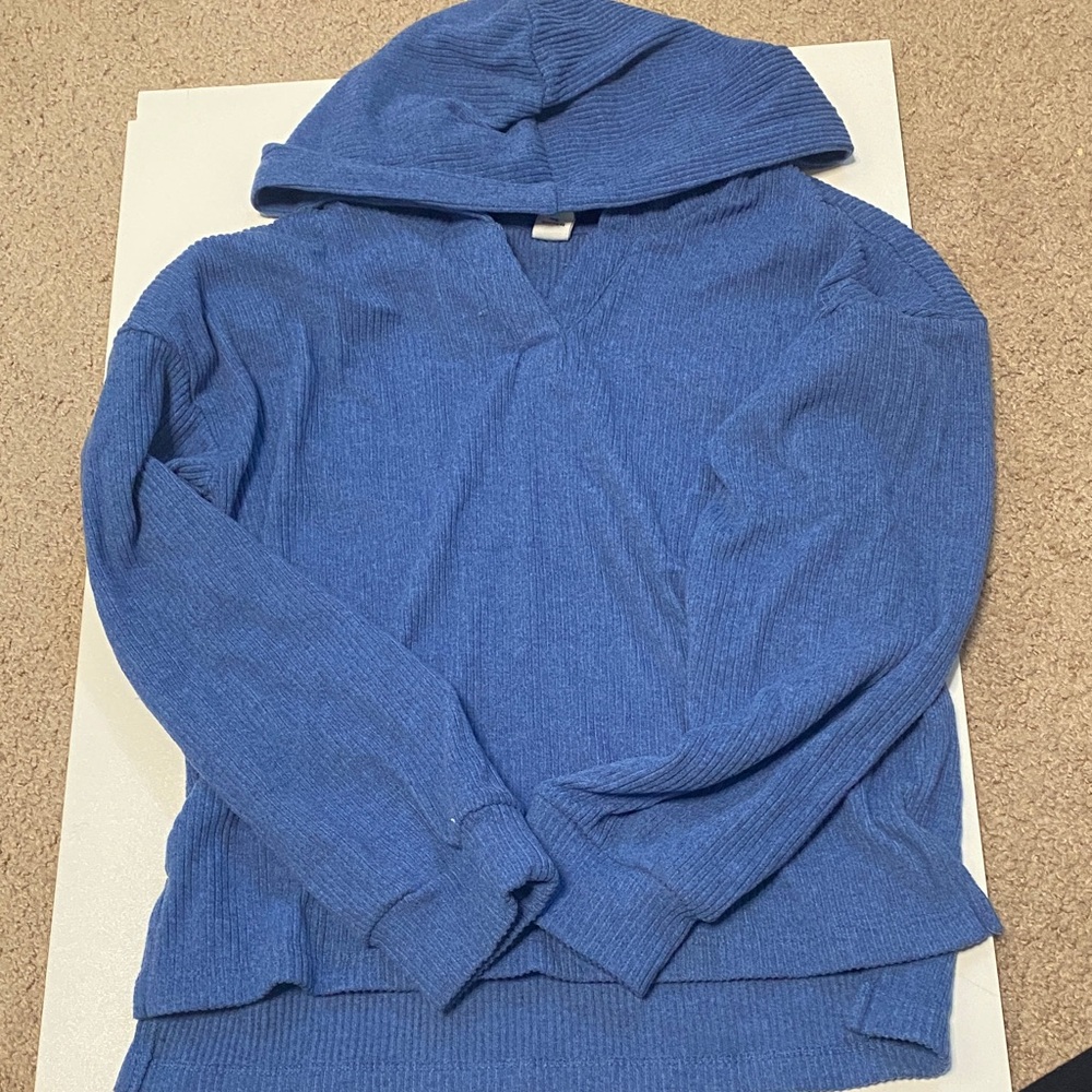 Blue Hooded Sweater Girls Ribbed